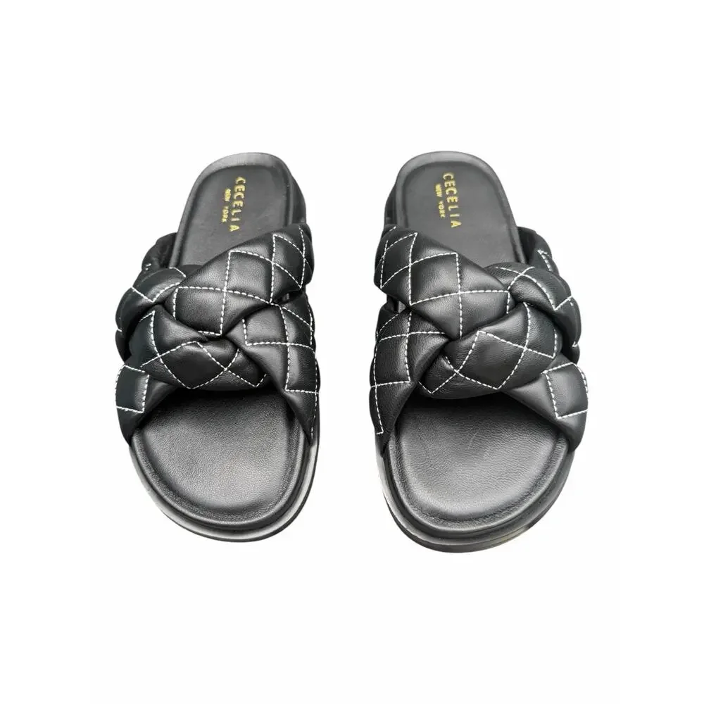 Cecelia New York Ellie Quilted Braided Leather Slide Sandals Black  5.5 NIB